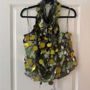 ASOS ARRANGE embellished sequin and fringe halter cowl neck top in dark khaki